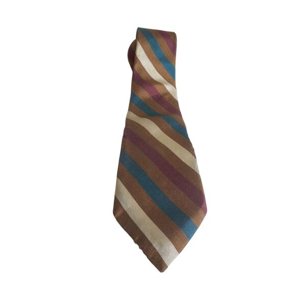 Vintage Resilio Striped Cream Brown Teal Burgundy Mens Tie Necktie Estate Find - Picture 3 of 5